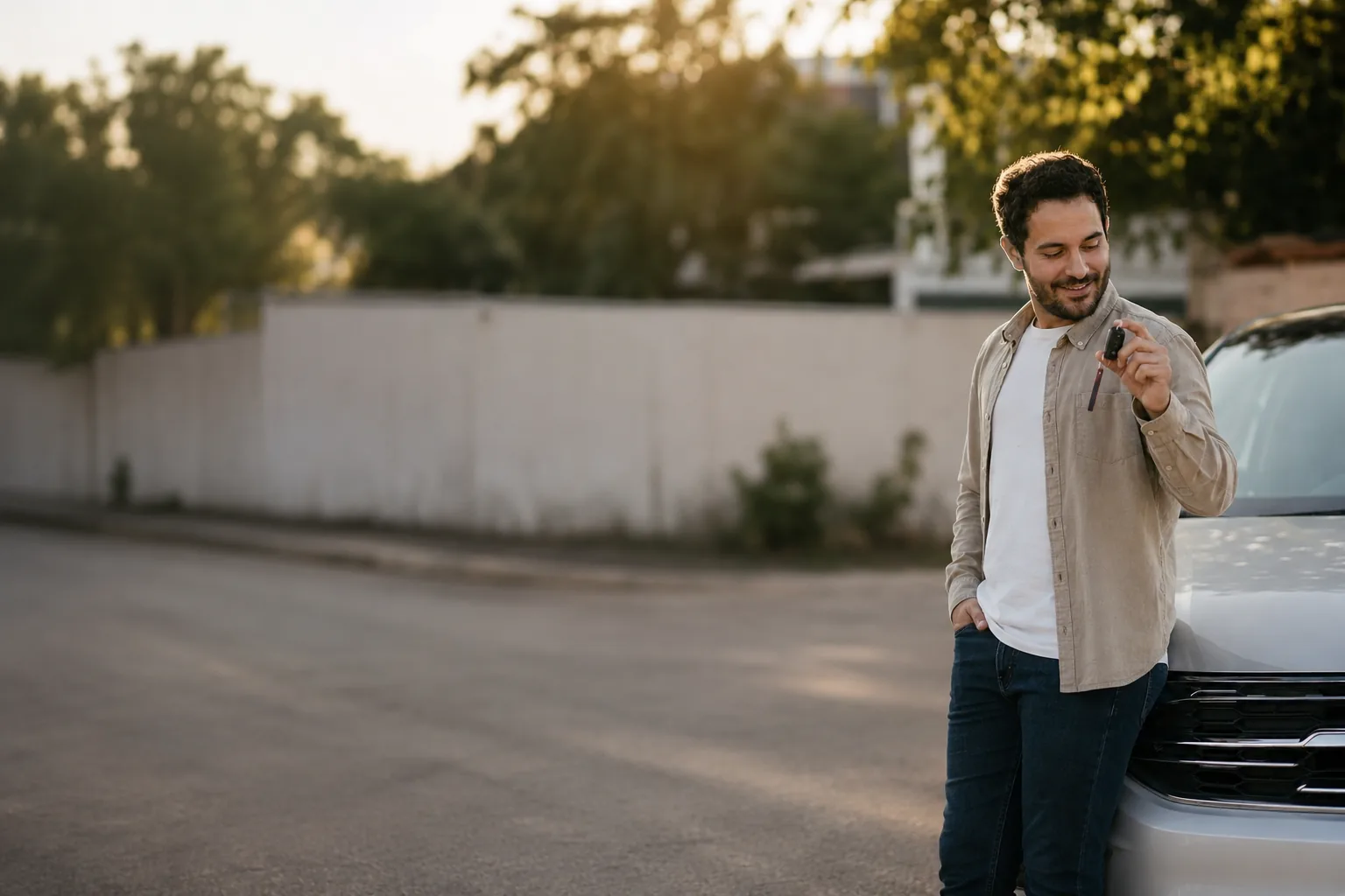 Homem sorrindo ao segurar a chave do seu carro novo